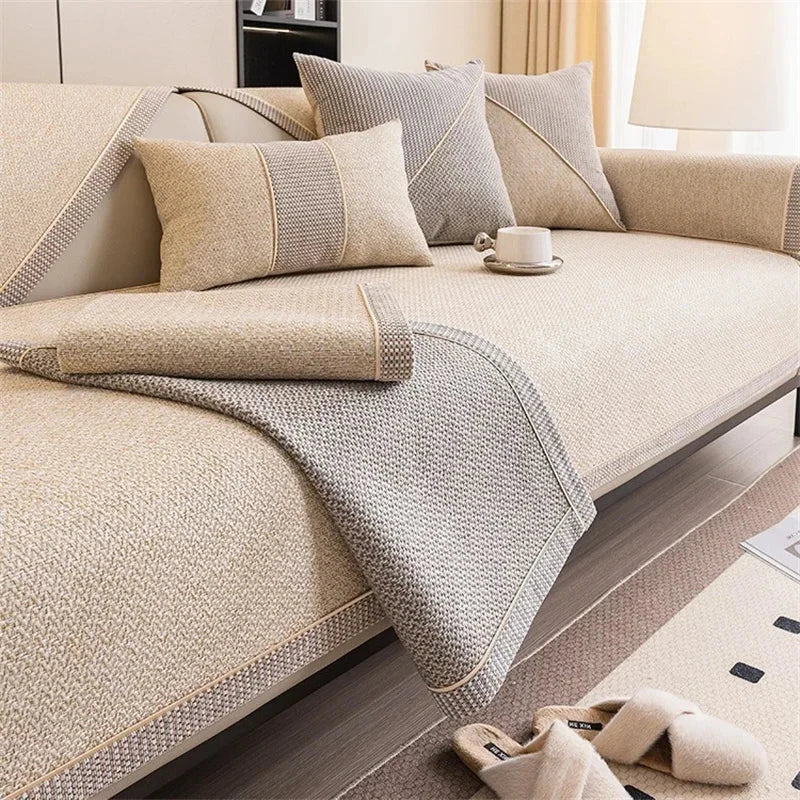 Housse de canapé antidérapante coton twill denim beige