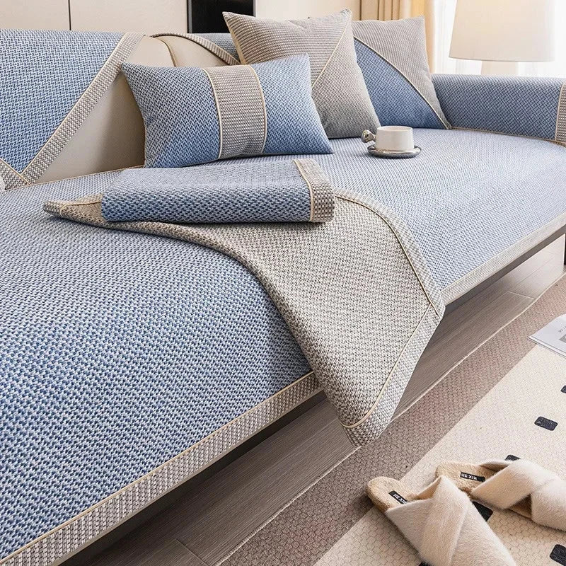 Housse de canapé antidérapante coton twill denim bleue