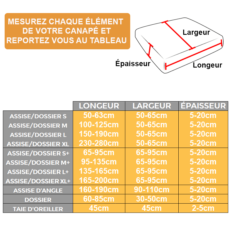 Guide des tailles housse coussin de canapé