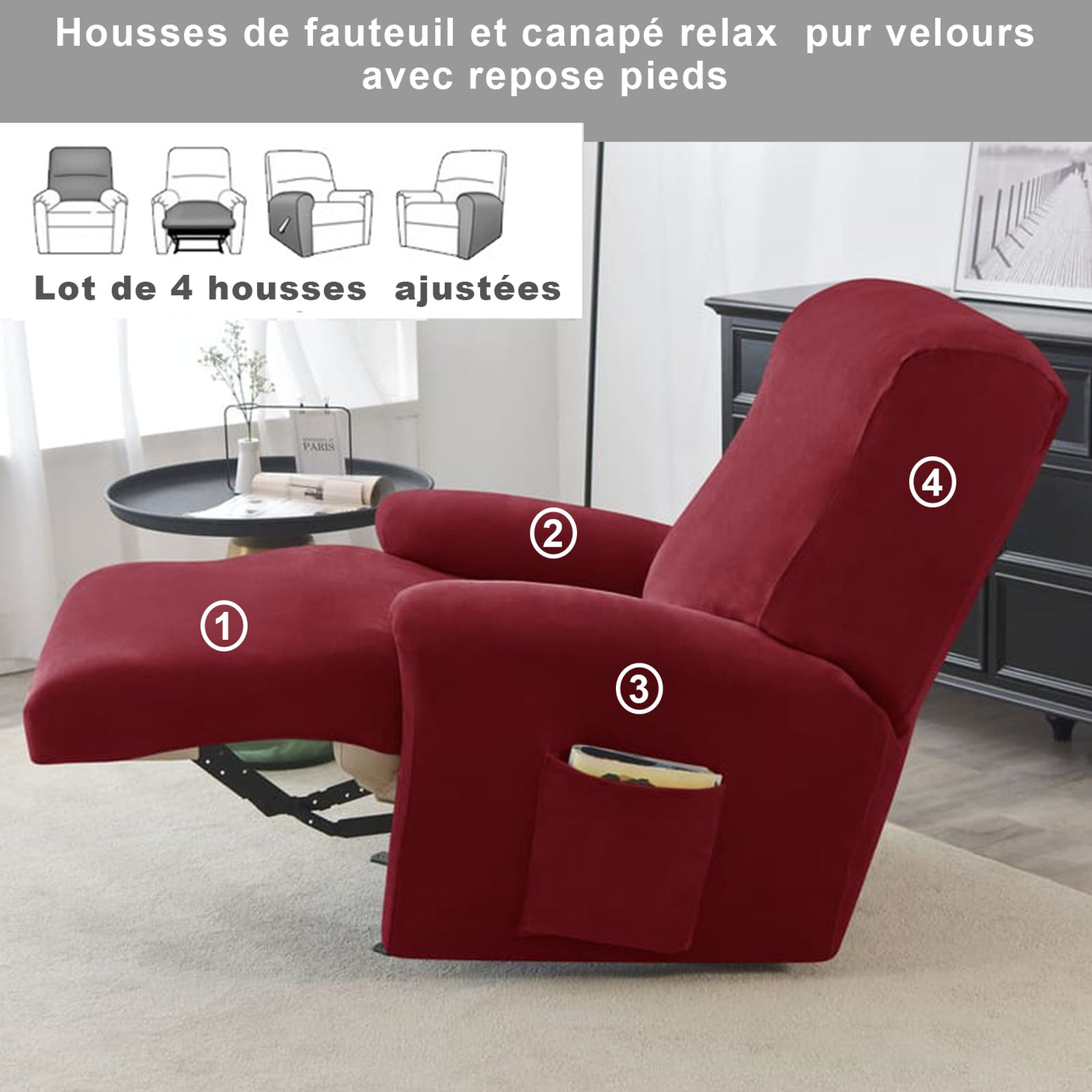 housse pour fauteuil relaxation extensible 4 pièce bordeaux