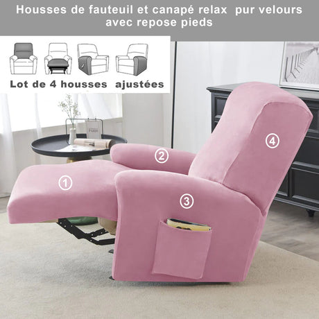 housse pour fauteuil relaxation velours 4 pièces rose